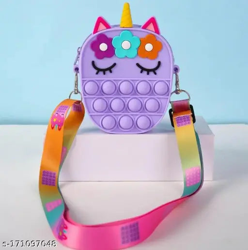 Unicorn silicon pop-it bag with detachable strap, rainbow design, stress relief toy for girls