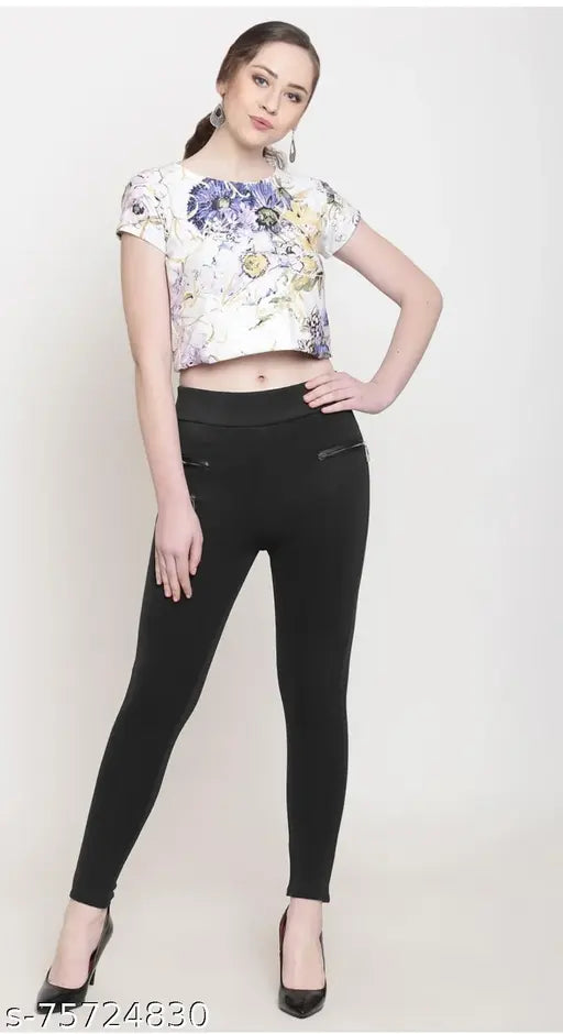 Black Lycra jeggings by Archangel, stylish and comfortable for women's gym and casual wear. Available in sizes 28, 30, 32, 34. Made in India