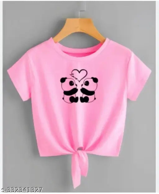 Pink lycra crop top with double panda and heart print, women's fashion, India-made