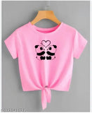 Pink lycra crop top with double panda and heart print, women's fashion, India-made