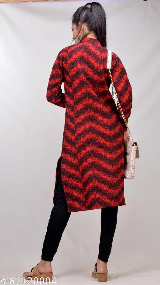 Red woolen kurti, long sleeves, printed design - Women's straight style, Indian winter fashion