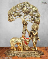 Golden metal Kamdhenu statue: BRIJ HAAT's Krishna with cow under tree for home decor, gift (15cm)