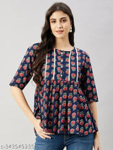 Blue floral print yoke lace top in WineRed, made from cotton with three-quarter sleeves. Perfect for casual or formal events, originating from India