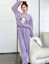 Warm woolen winter nightsuits for women and girls, featuring cute prints and fur trim for cozy indoor or outdoor wear