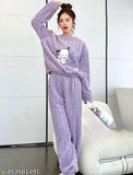 Warm woolen winter nightsuits for women and girls, featuring cute prints and fur trim for cozy indoor or outdoor wear
