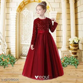 Embellished net maxi length gown dress for girls (3-16 years), ready for parties, marriages, and festivals. Long sleeves, back zipper closure. Made in India