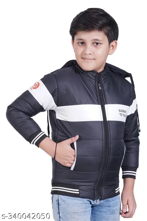 Waterproof boys jacket for party wear and winter, made of polyester. Solid design, long sleeves. Sizes available: 2-3Y (30in/18in), 3-4Y (30in/18in), 4-5Y (32in/20in), 5-6Y (32in/20in), 10-11Y (36in/23in), 11-12Y (36in/23in). Made in India