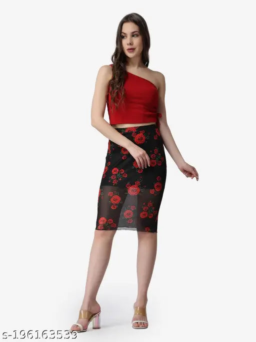 Black floral pencil skirt, polyester, printed net. POPWINGS women's durable and comfortable knit skirt with elasticated waistband, knee length, suitable for various sizes (26, 28, 30, 32, 34) and pairs well with crop tops and white flats. Made in India