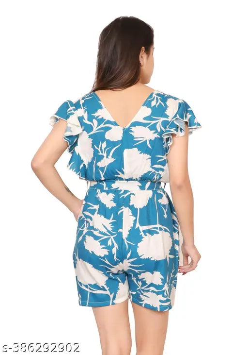 Ladik way blue printed cotton blend casual short sleeves V-neck jumpsuit for women and girls, featuring eye-catching floral prints, back zip closure, ruffled sleeves, and side pockets. Indian origin