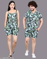 Ansh collection stylish Cotton Blend coord sets for women and men, printed with a net pattern. Includes round neck t-shirt, elastic waist pyjama, notch collar shirt, and cute shorts for men. Comfortable sleepwear made from cotton lycra fabric. Indian origin