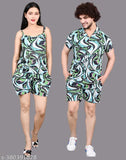 Ansh collection stylish Cotton Blend coord sets for women and men, printed with a net pattern. Includes round neck t-shirt, elastic waist pyjama, notch collar shirt, and cute shorts for men. Comfortable sleepwear made from cotton lycra fabric. Indian origin