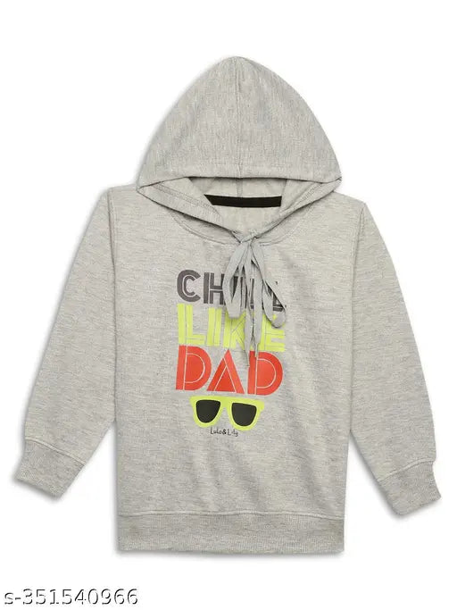 Grey printed hooded cotton fleece sweatshirt for girls, long sleeve, cotton blend, popular pattern on a hanger