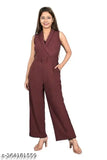 Maroon polyester sleeveless jumpsuit for ladies, handcrafted in India, XS-XXXL sizes available