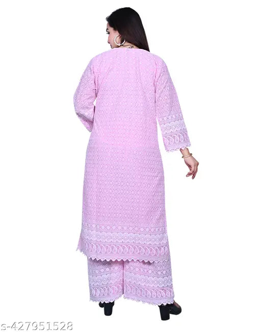 Embroidered Cotton Blend Kurta and Palazzo Set, Lakhnawi Chikankaari style women's traditional wear, high-quality fitting for a comfortable modern look