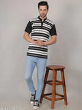 Men's cotton blend striped half-sleeve t-shirt with collar, black and white stripes, polo collar, regular fit. Made in India