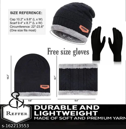 Woolen winter hat set with gloves (3-piece, any random color) - warm and stretchable knit acrylic beanie for men and women, perfect for outdoor activities