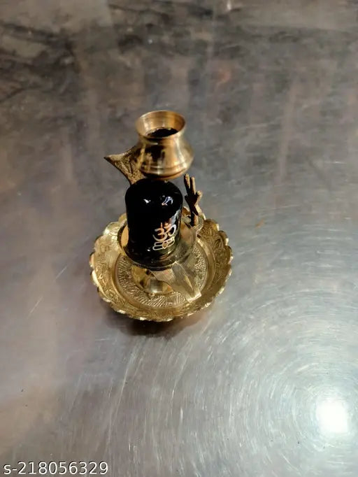 Brass Shiv Net set: 6 shivlings with lotas, plates, tilak stamps, and chandan for Hindu worship (India)