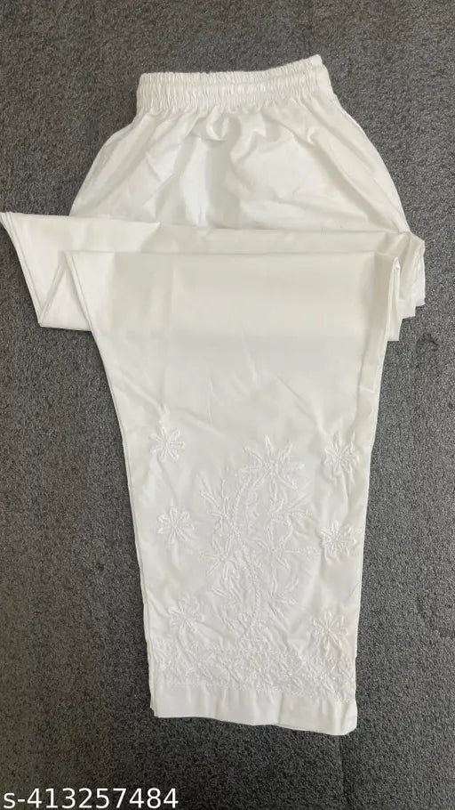Embroidered cotton computer pant, chikankari net pattern, elasticated waist, fully embroidered, white comfort pant for women