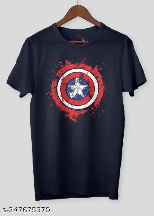 Trendy cotton blend striped mens printed tshirt, short sleeves, Captain America dhal design, M (Chest 38in, Length 27in), L (Chest 40in, Length 28in), premium quality