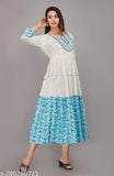 Blue Rayon Printed Anarkali with Embroidered Hemline, Daily Wear Women's Ethnic Kurta (India)