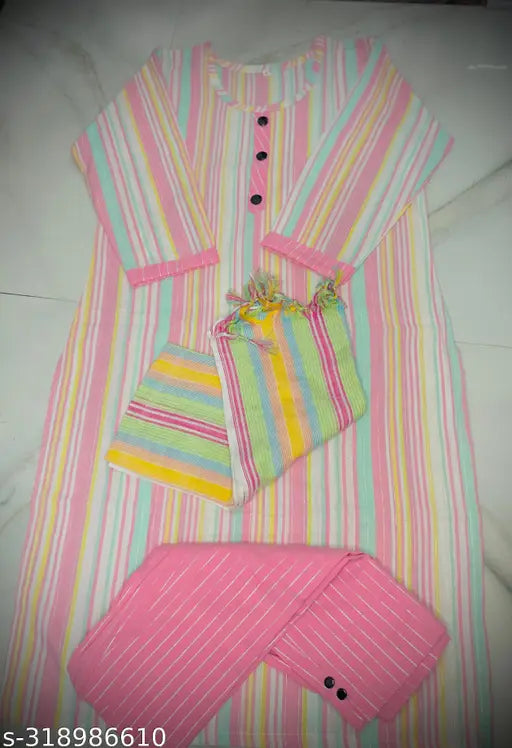 Striped three-quarter sleeve cotton kurti A Live, women's size M-XXXL, lightweight & breathable Indian outfit for warm weather