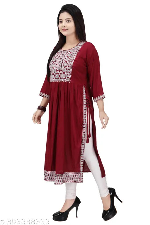 Trendy rayon kurta with three-quarter sleeves, solid color pattern. XS (34in bust) to XXL (44in bust). Comfortable soft cotton blend, suitable for casual occasions and gifting