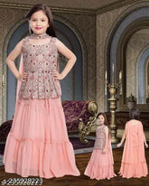 Georgette Kids Girls Lehenga Choli Set with Dupatta, sleeveless, floral embroidery, ready-to-wear for parties, weddings, festivals, birthdays. Color may vary. Made in India