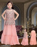 Georgette Kids Girls Lehenga Choli Set with Dupatta, sleeveless, floral embroidery, ready-to-wear for parties, weddings, festivals, birthdays. Color may vary. Made in India