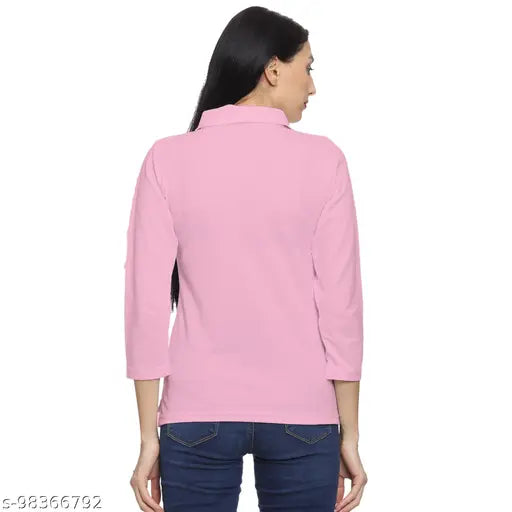Pink cotton pique regular fit T-shirt with polo neck, three-quarter sleeves for women and girls