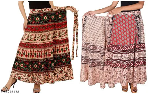 Elegant cotton multicolor wrap-around skirts for women, 2-pack with printed net pattern