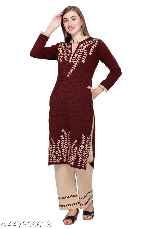 Women's wool winter wear Kurta Palazzo set of 2 pcs in printed net, featuring beautiful embroidery and side pockets