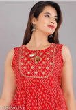 Red rayon printed Anarkali kurta sharara set with dupatta, sleeveless and stitched, monsoon special for women