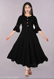 Unique Stylist black rayon round flared kurti with three-quarter sleeves, perfect for casual and formal occasions. Machine washable, hand wash recommended for best results. Size range: XS (Bust 34", Length 48") - XXXL (Bust 46", Length 48"). Color may vary due to lighting sources or monitor settings. Made in India