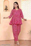 Pink premium rayon women's co-ord set: printed top & pyjama pants, cotton blend, three-quarter sleeves, trendy style, size XXS-XXL, Indian origin