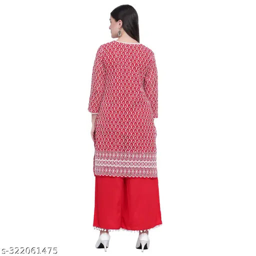 Red Georgette embroidered Women's Kurti & Palazzo - Indian fashion, three-quarter sleeves, printed net design