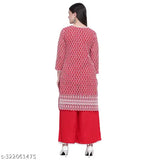 Red Georgette embroidered Women's Kurti & Palazzo - Indian fashion, three-quarter sleeves, printed net design