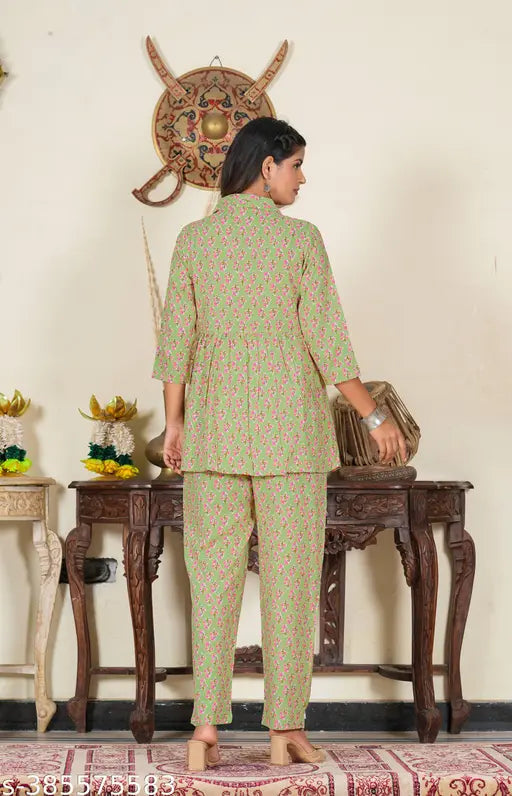 Green rayon floral shirt nightsuit pack of 2 - Indian-made women's stylish & comfortable nightwear with printed design and shirt collar, available in S, M, L, XL, XXL, 5XL sizes