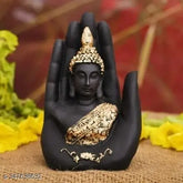 Black polyresin Buddha statue, 125cm x 75cm x 150cm, Indian artisan crafted Ramashram Palm Buddha for living room showpiece
