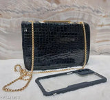 Synthetic croc-textured sling bag clutch for women, features shoulder and hanging chains, 2 compartments, free size (6x9x3in)