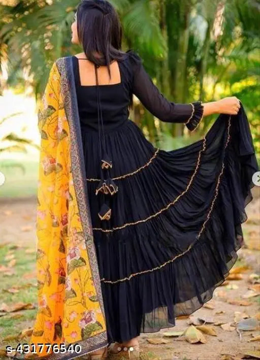 Black Georgette long gown, three-quarter sleeves, self-design. Women's formal wear for wedding party or special events