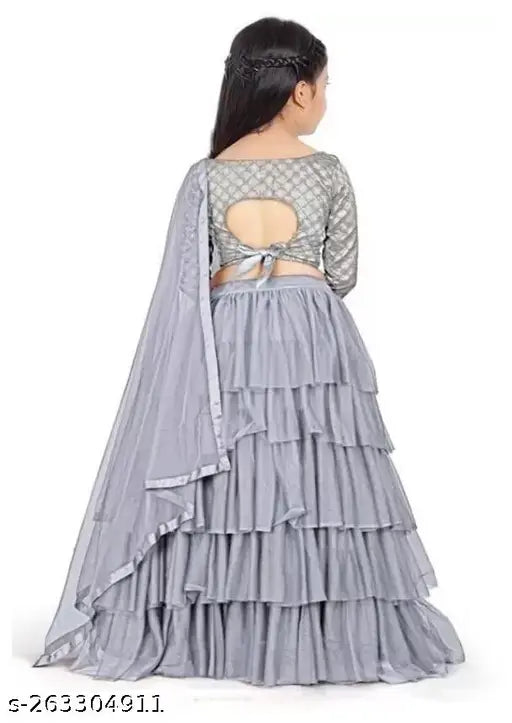 Ruffle and embroidered satin/net lehenga choli for kids girls, available in various colors. Indian designer wear for special occasions