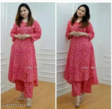 Pink rayon A-Line Anarkali kurta set, three-quarter sleeves, printed design for women's functions, India