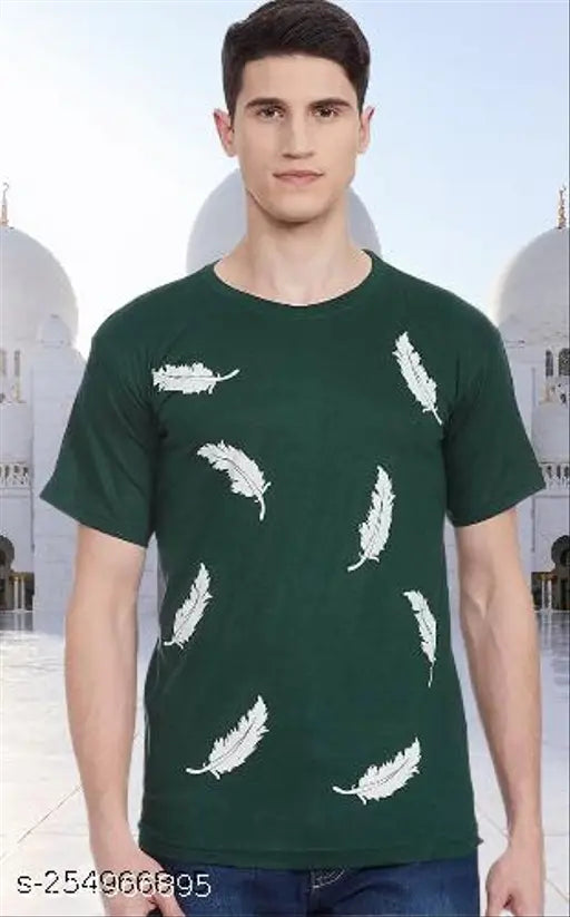 Stylish glamorous green cotton blend men's leaf print short sleeve t-shirt, tropical botanical design on chest