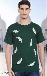 Stylish green cotton blend men's leaf print short sleeve T-shirt, tropical botanical design for casual wear