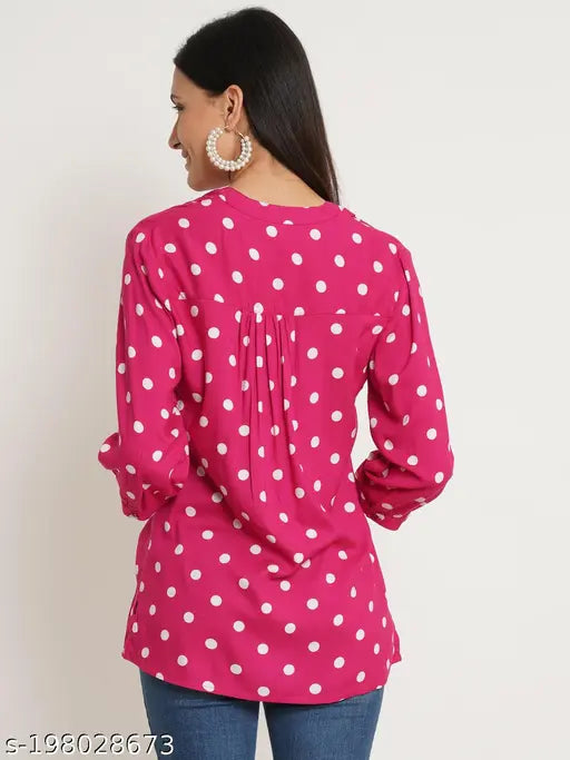 Red & White Polka Dot Print Plus Size Top in Rayon - Three-Quarter Sleeve, Mandarin Collar