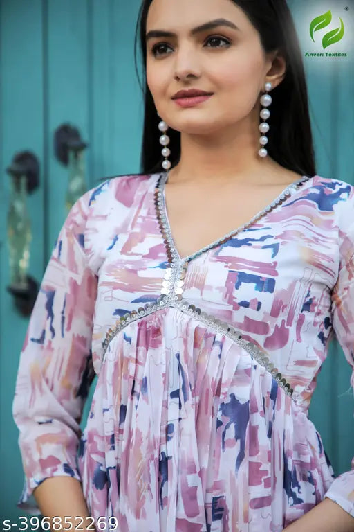 Pink Georgette Printed Kurta, three-quarter sleeves, traditional formal dress with dupatta. Indian fashion for women