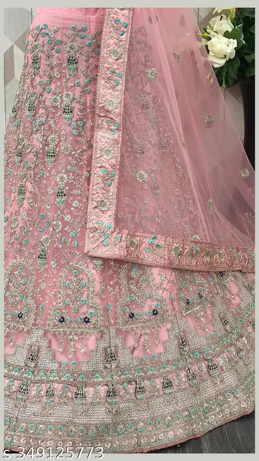 Designer pink net lehenga choli set with dupatta and semi-stitched blouse, intricate embroidery, free size (43m waist, 42m length), ideal for functions, gifts
