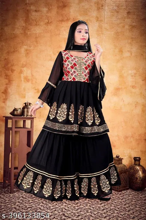 Black Georgette Anarkali Sharara Set with Embroidered Long Sleeve Top & Dupatta, 4-5 years size