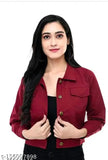Maroon denim waistcoat for women, solid pattern, long sleeves, classic design, perfect addition to your wardrobe