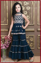 Embroidered Georgette Girls Kurta Sharara set, A-line top and sharara bottom, calf length, 1-15 years, Indian craftsmanship